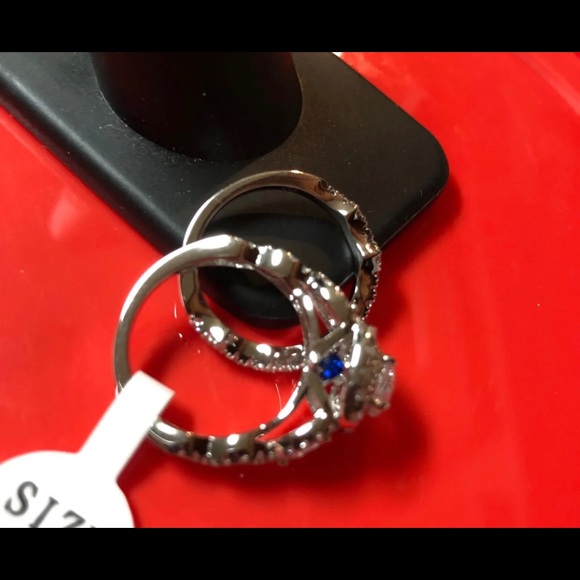 3 Pcs 925 Silver Engagement Ring Wedding Band SET - Picture 3 of 8